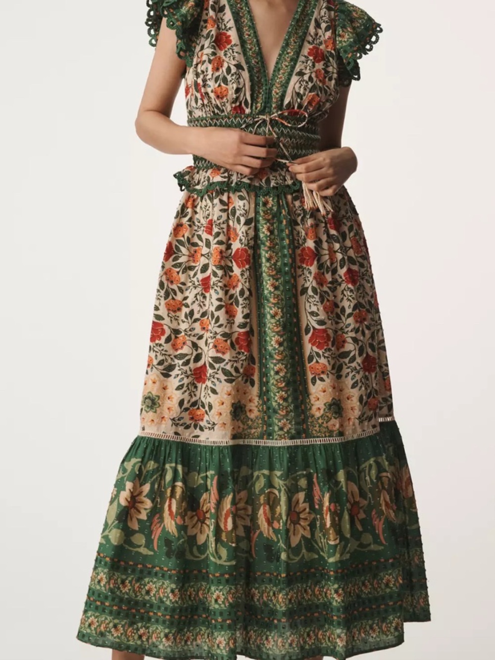Farm Rio Green and Cream Tapestry Floral Maxi Dress XS